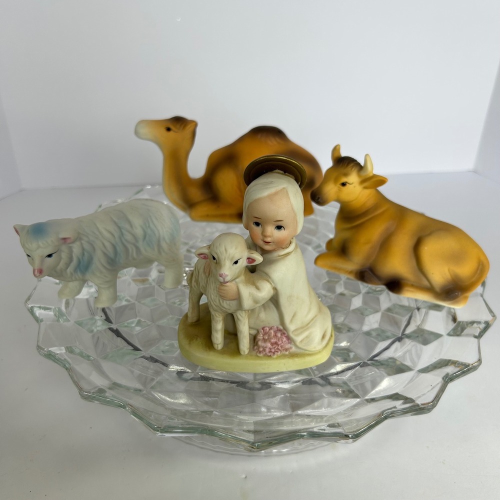 Vintage Porcelain Nativity Figurine‎ Set Angel Lamb Camel Cow Christmas Decor